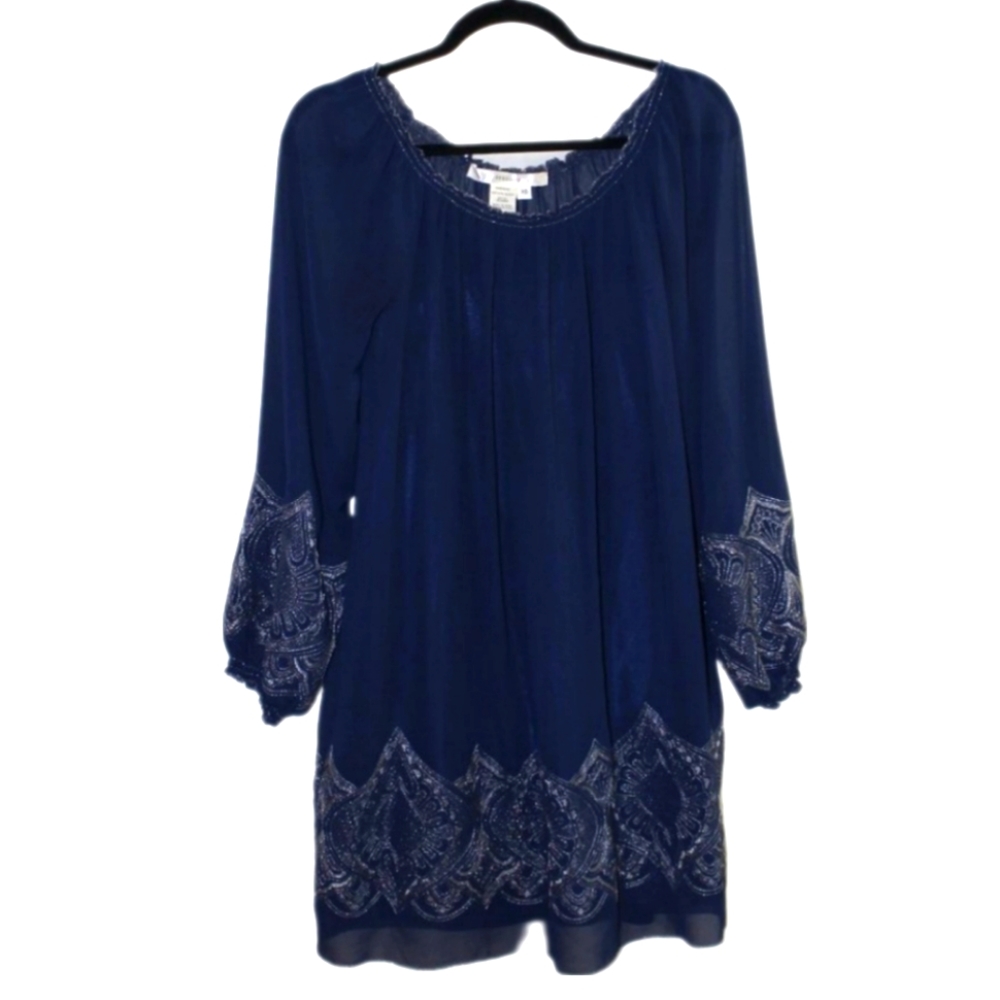 💙 STUDIO M Dress Navy Blue Silver Embroidered XS